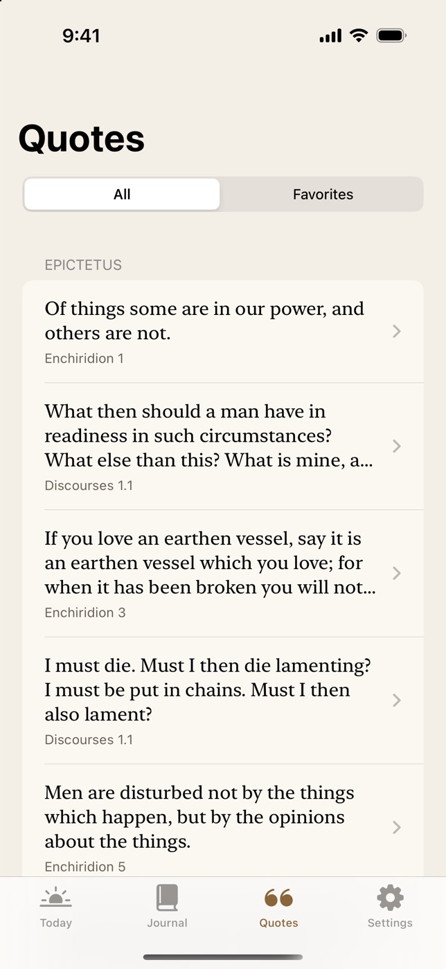 The Quotes screen, listing passages from Epictetus with their citations