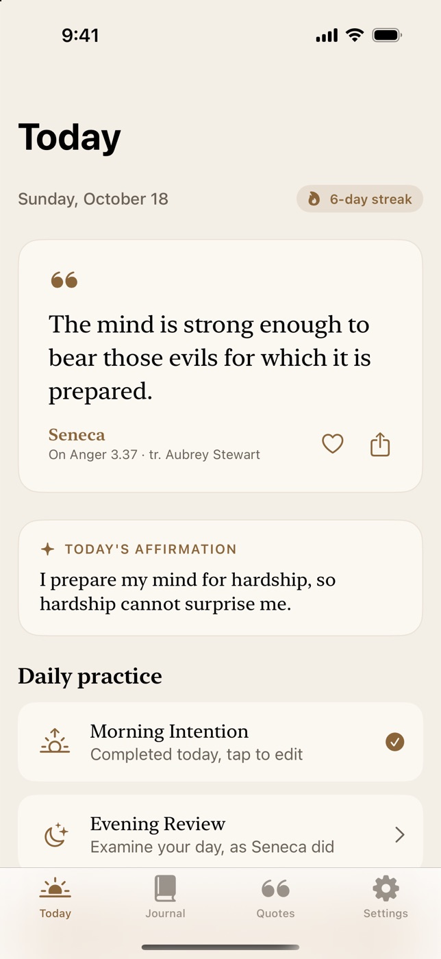 The Today screen: a quote from Seneca, today's affirmation, and the morning and evening practice